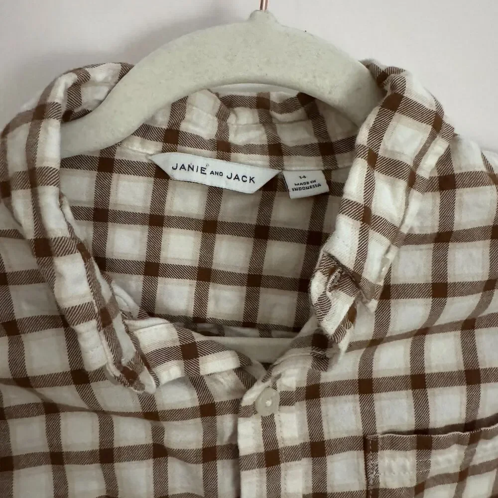 Boys Janie and Jack Brown/Cream Plaid Button Down LS Shirt Size 14 EUC Preppy